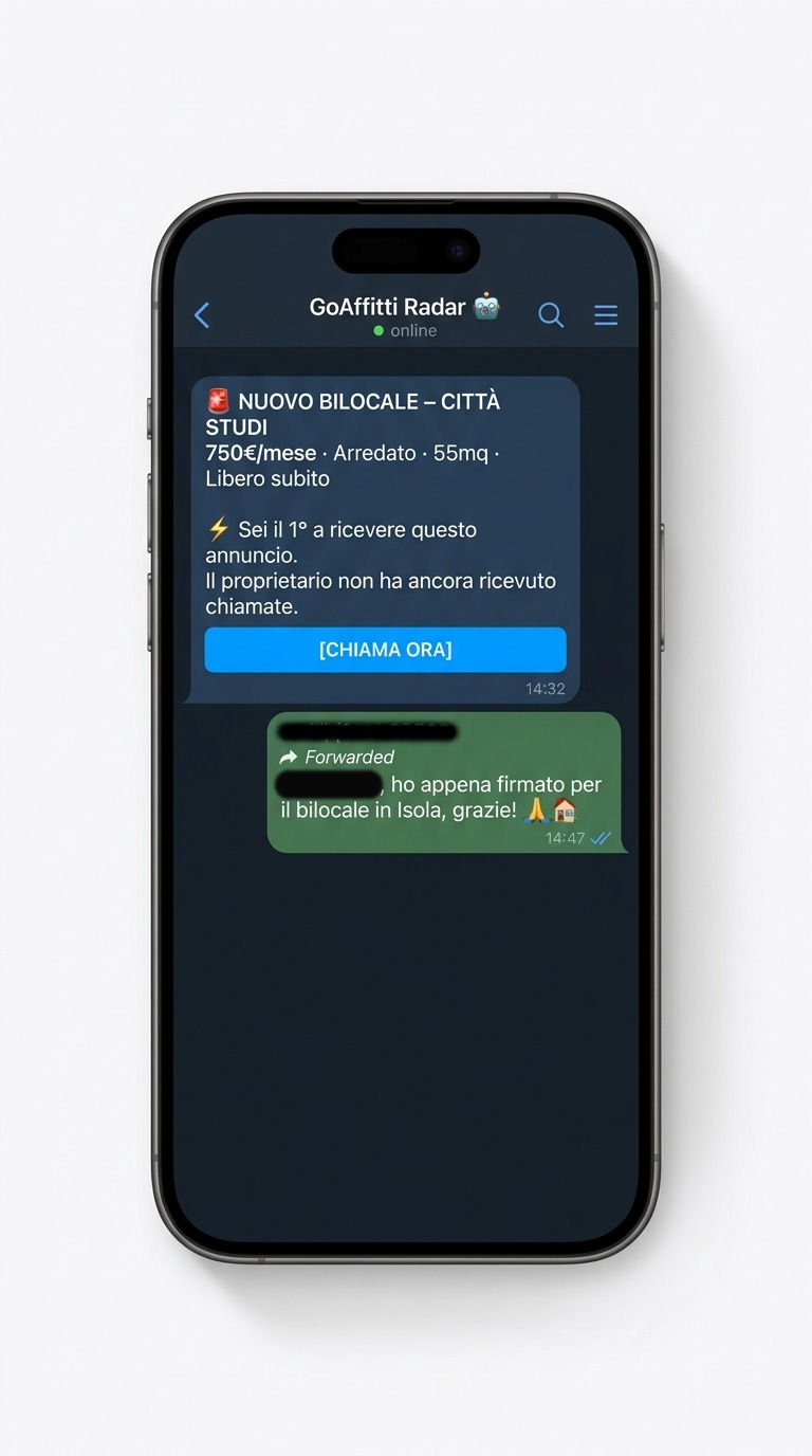 Screenshot reale del bot Telegram GoAffitti con alert ravvicinati